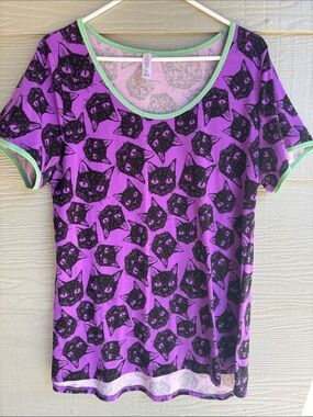 LuLaRoe Purple Cat Print Top with Black & Mint Trim